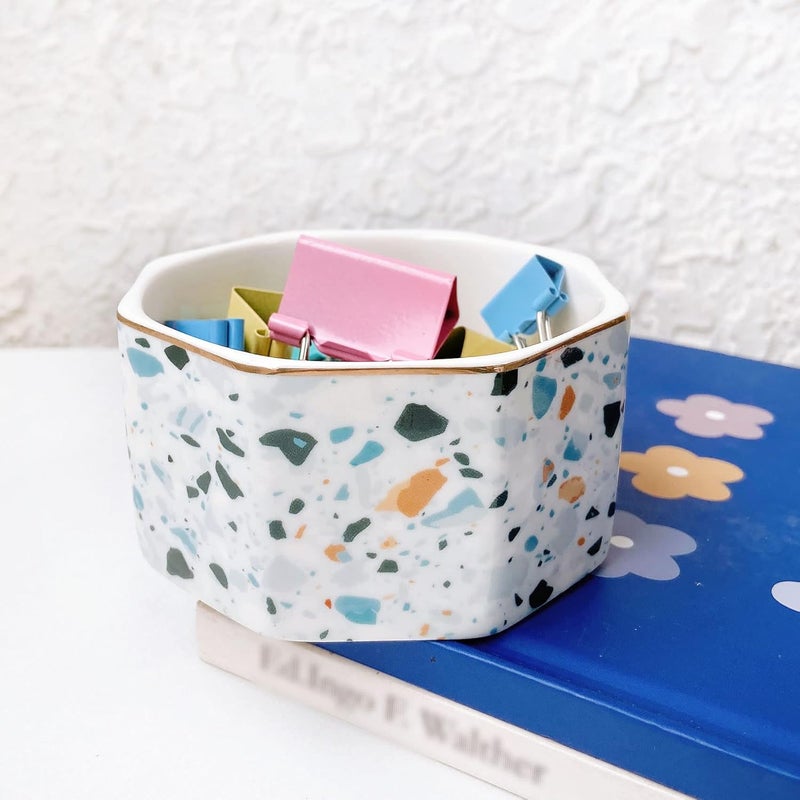 LEAZUL Ceramic Paper Clip Holder Gold Line Paper Clip Dispenser Organizer for Desk Cute Terrazzo Marble Pattern Office Binder Clip Holder Bobby Pin and Hair Clip Holder Gift for Office Blue - Image 2